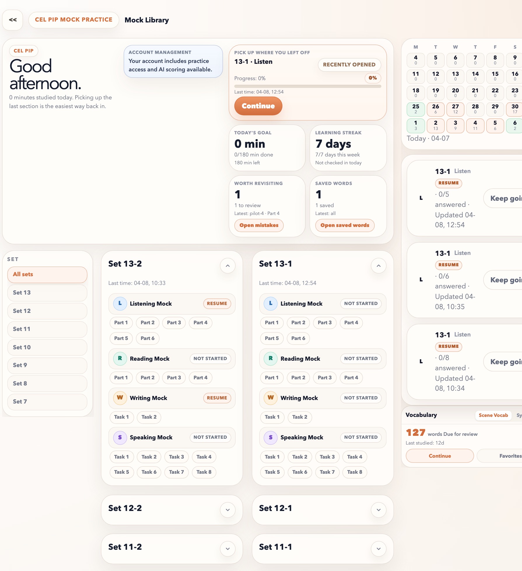 CEL PIP mock exam interface in English