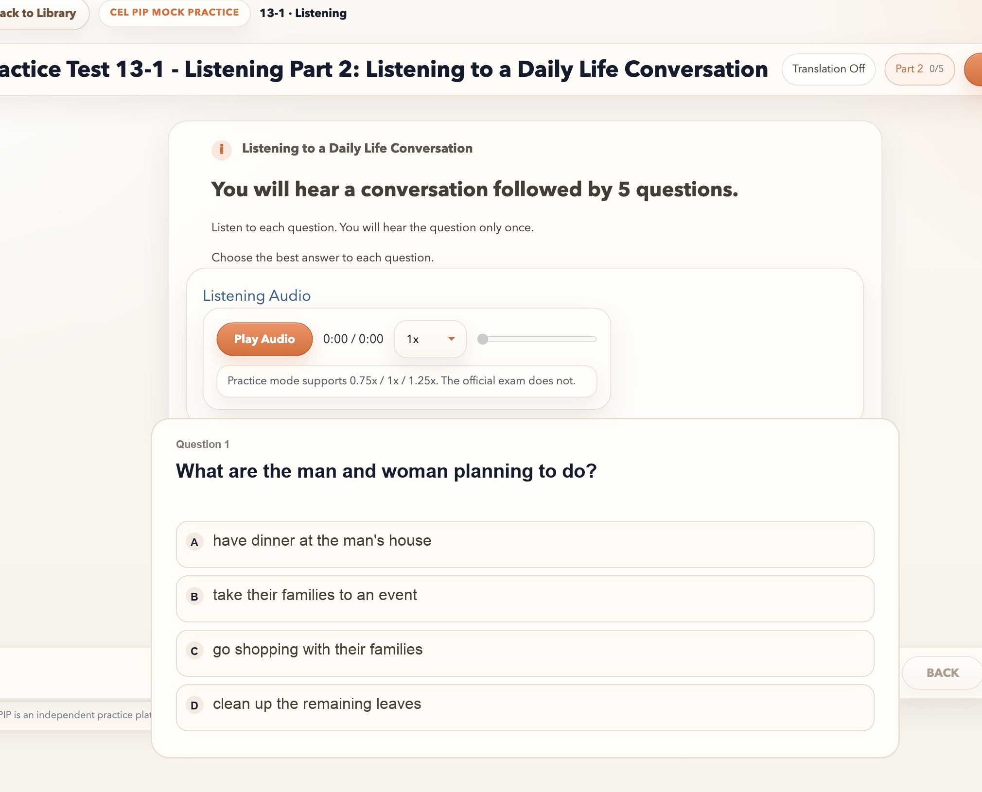 Listening question flow with player, prompt, and answer options