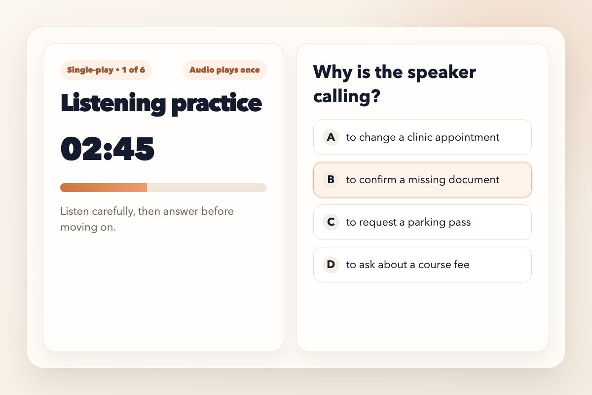 Single-play CELPIP listening practice screen