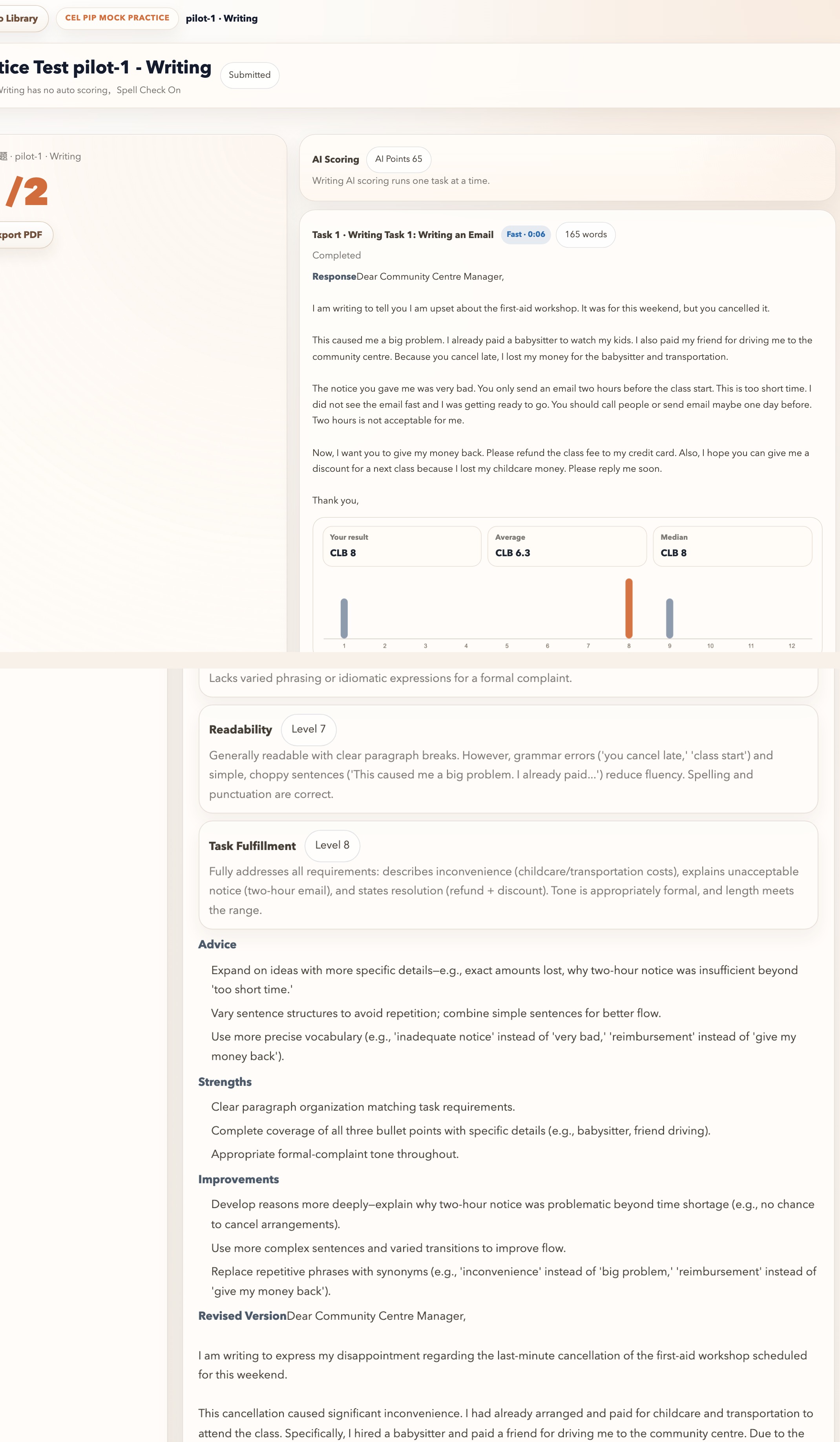 Writing AI scoring result with criteria scores, diagnostics, and revised version