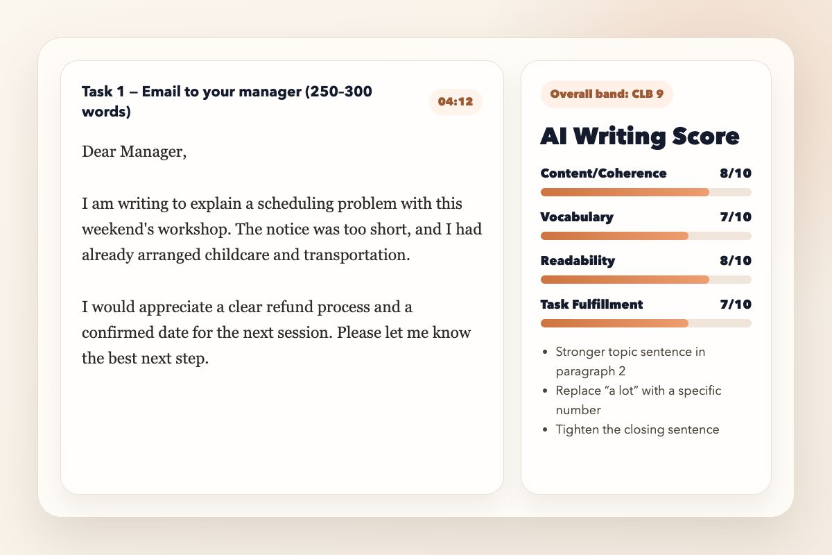 AI writing score panel with CELPIP-style criteria feedback