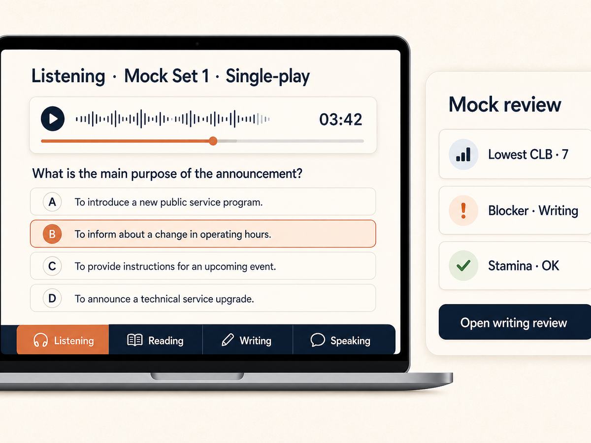 CELPIP mock test online interface with single-play listening and mock review panel