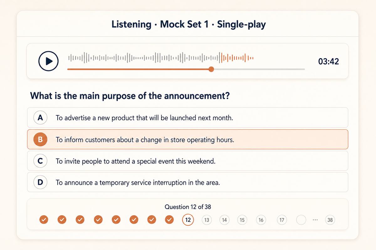 CELPIP listening mock test interface with single-play timer and multiple choice options