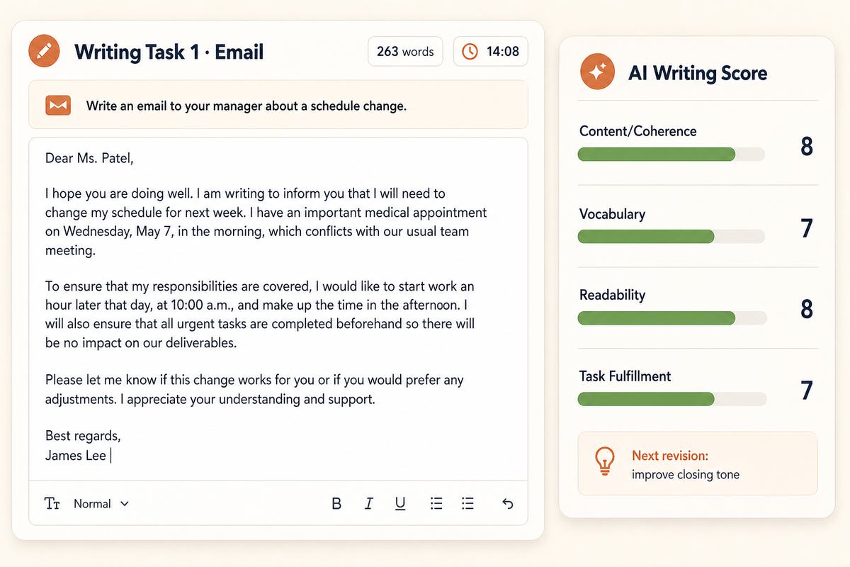 CELPIP writing task screen with AI Writing Score feedback panel