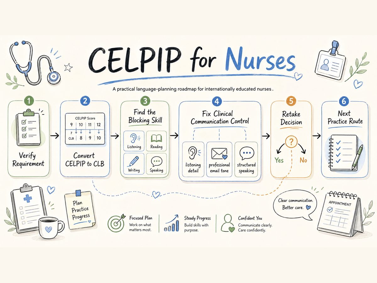 Nursing-focused CELPIP planning board with requirement check, CLB conversion, weak-section repair, and mock-test checkpoint
