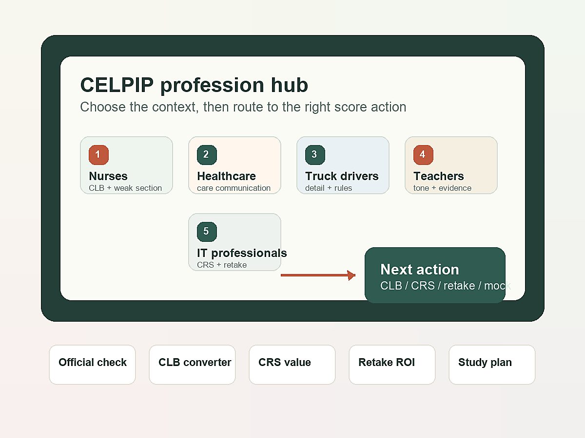 CELPIP profession hub routing board with nurses, healthcare workers, drivers, teachers, IT professionals, CLB, CRS, retake, mock, and study plan actions