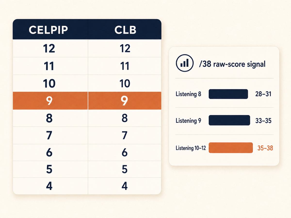 CELPIP score chart with all four sections mapped to CLB and a /38 raw-score side panel