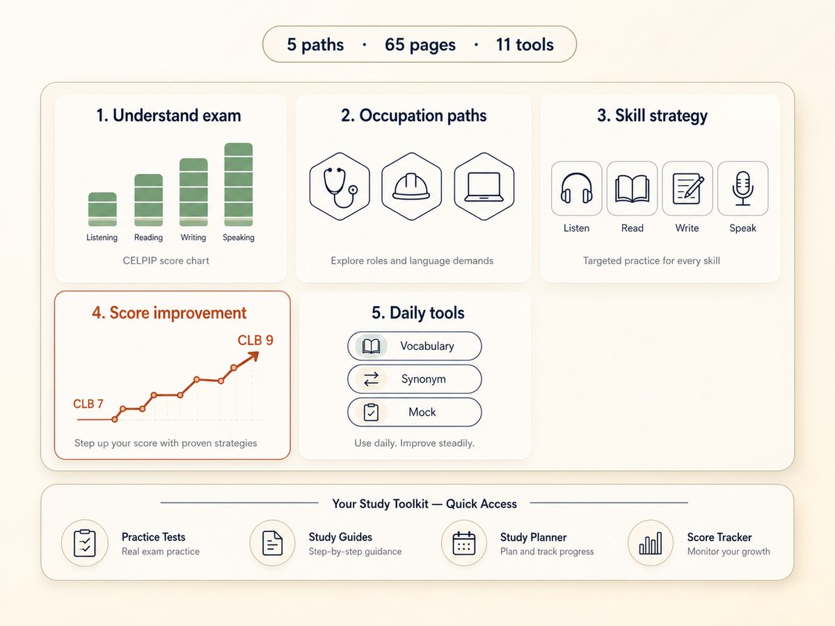 CEL PIP study hub overview with five resource paths and lightweight tools laid out as cards