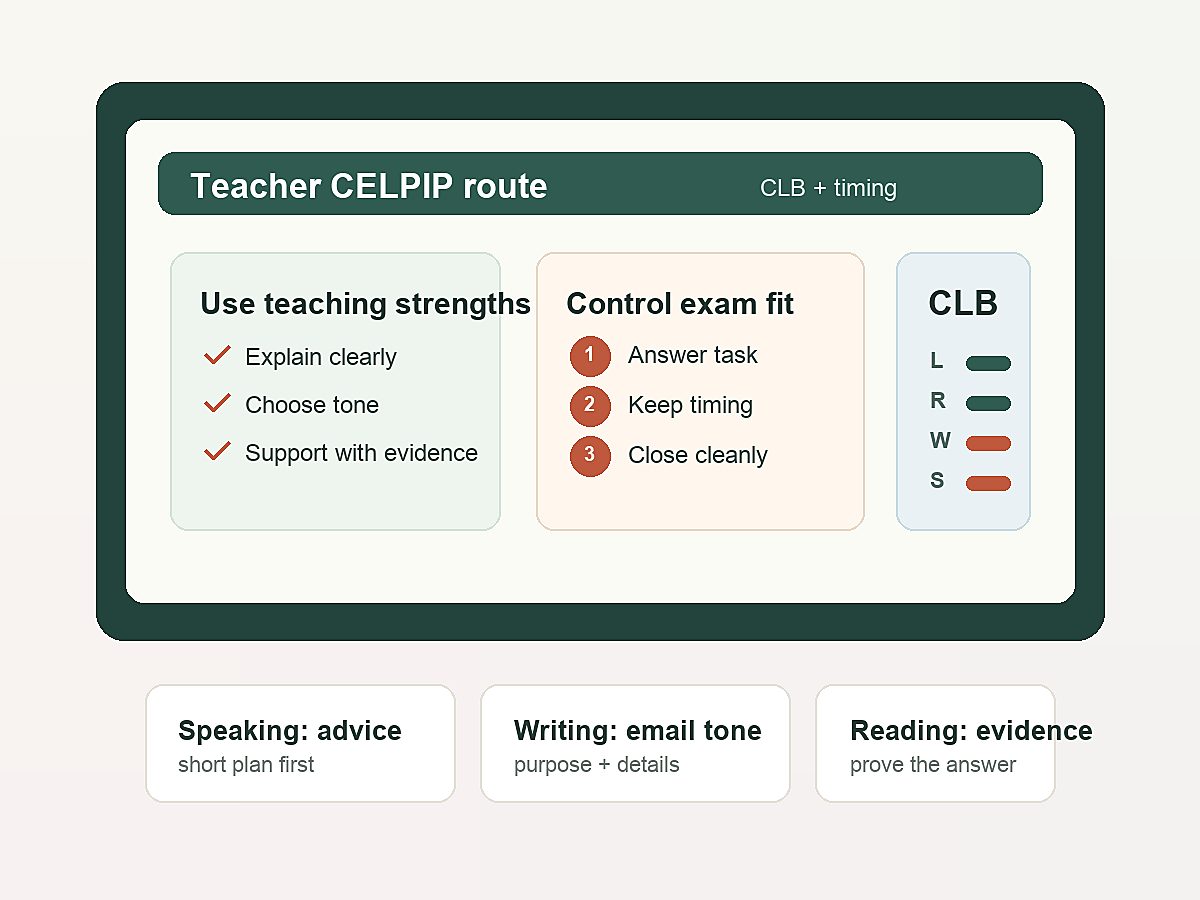 Teacher-focused CELPIP planning board with requirement check, CLB conversion, speaking advice, writing tone, and reading evidence