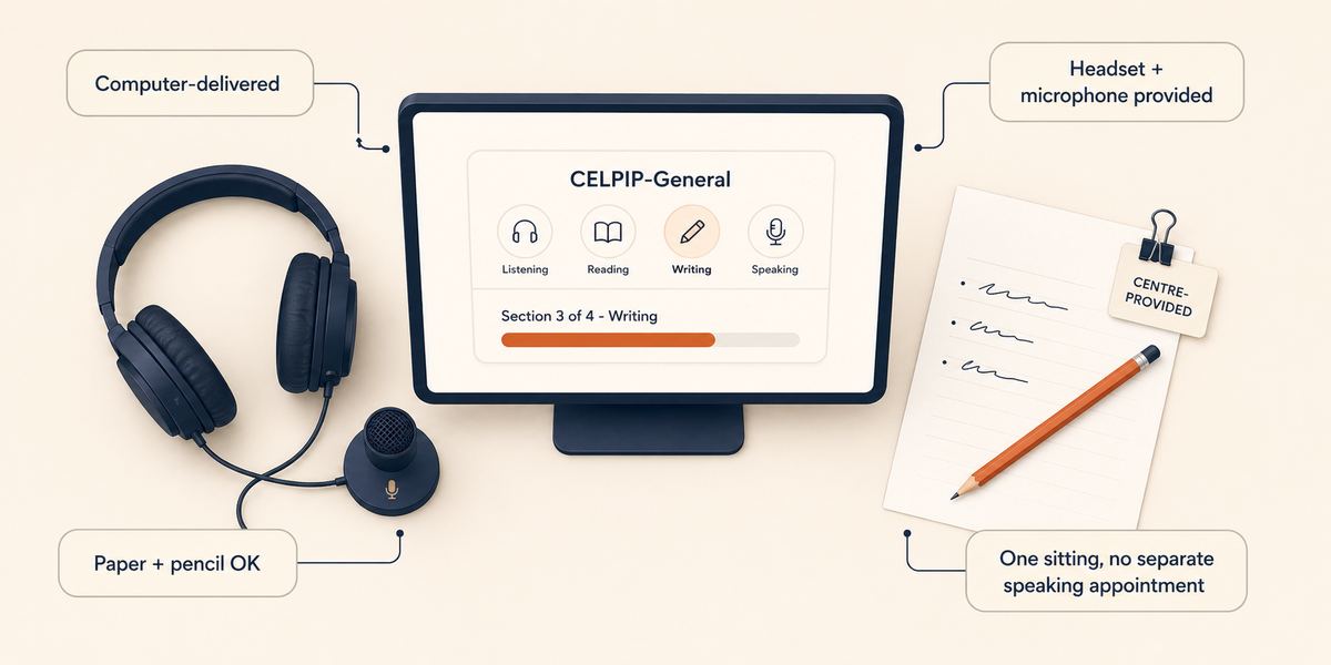Stylized CELPIP test-centre desk with monitor, headset, microphone, paper, pencil, and test-day callouts