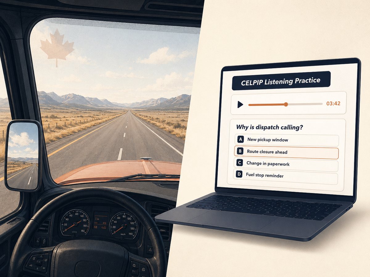 Commercial truck driver CELPIP practice illustration with a listening mock test screen