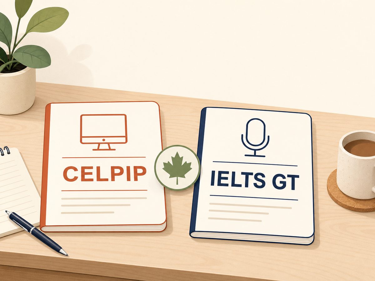 Two study booklets labeled CELPIP and IELTS GT on a desk with a Canadian maple leaf badge for Canada PR test choice