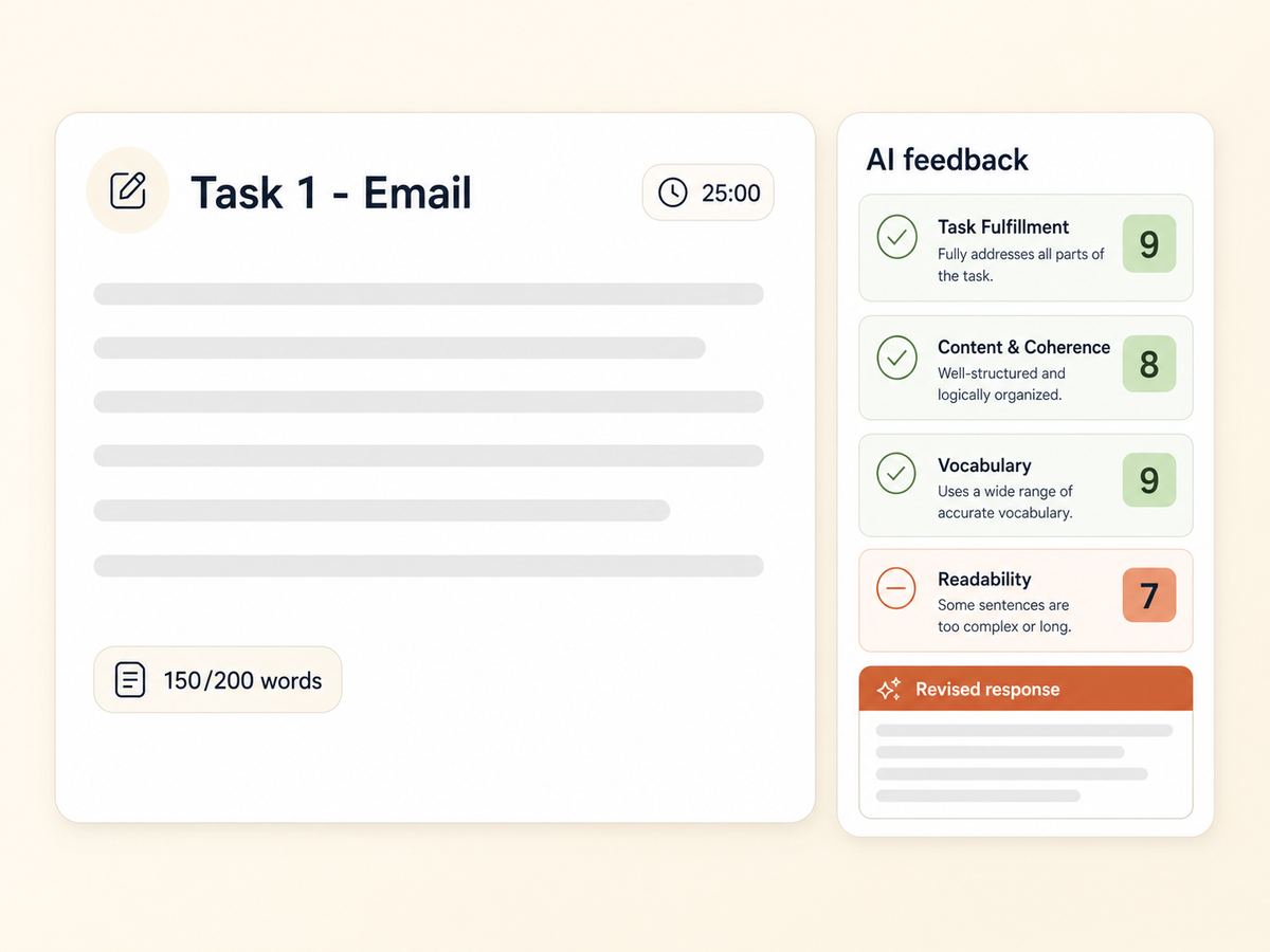 CELPIP writing review screen showing four criterion scores, short diagnostics, and a revised response side by side