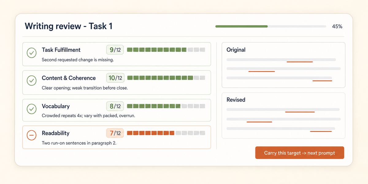 CELPIP writing scorecard with four criterion scores, short diagnostic notes, and a revised response panel