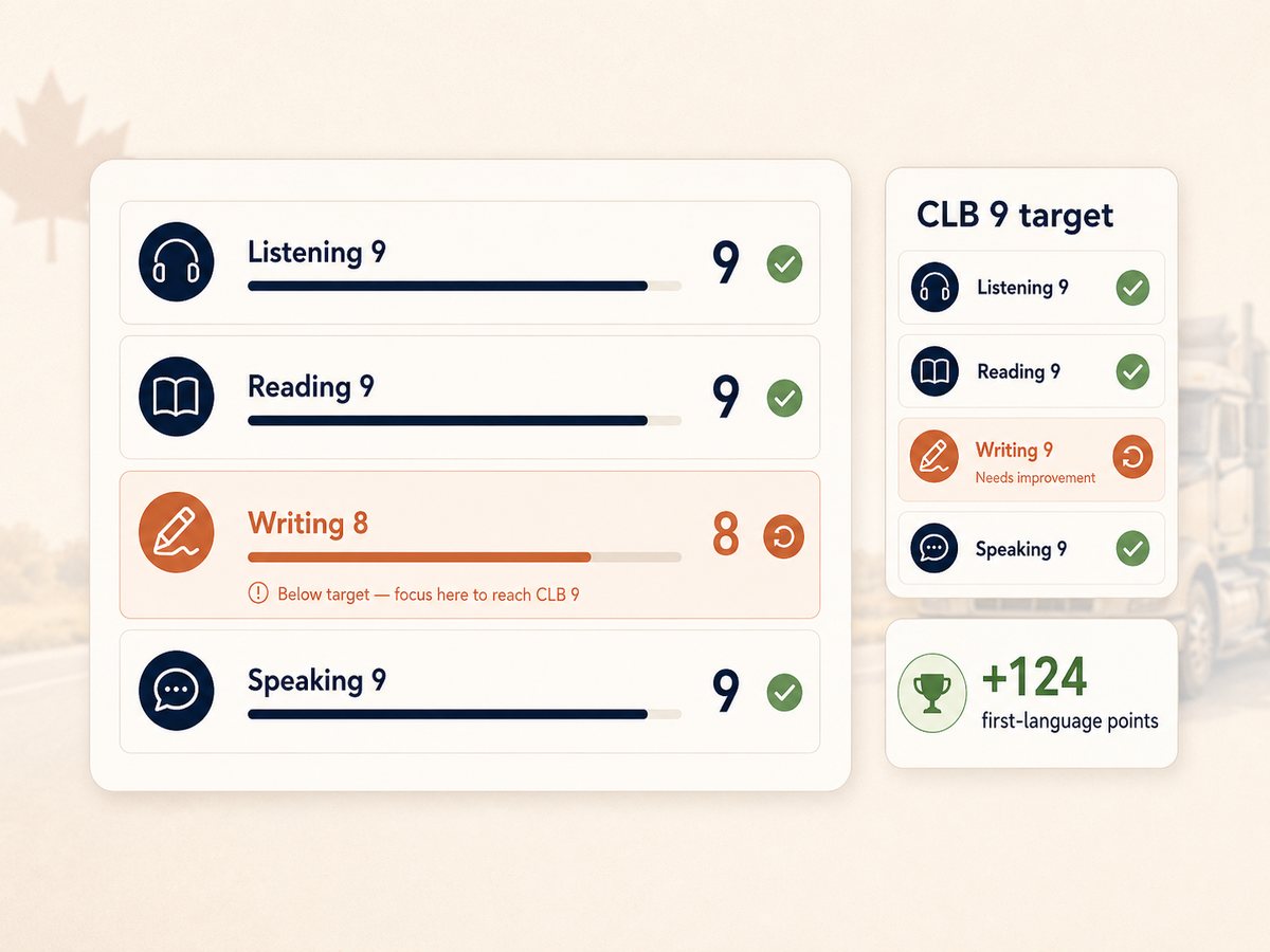CELPIP section score dashboard showing Writing 8 as the blocker for a CLB 9 target
