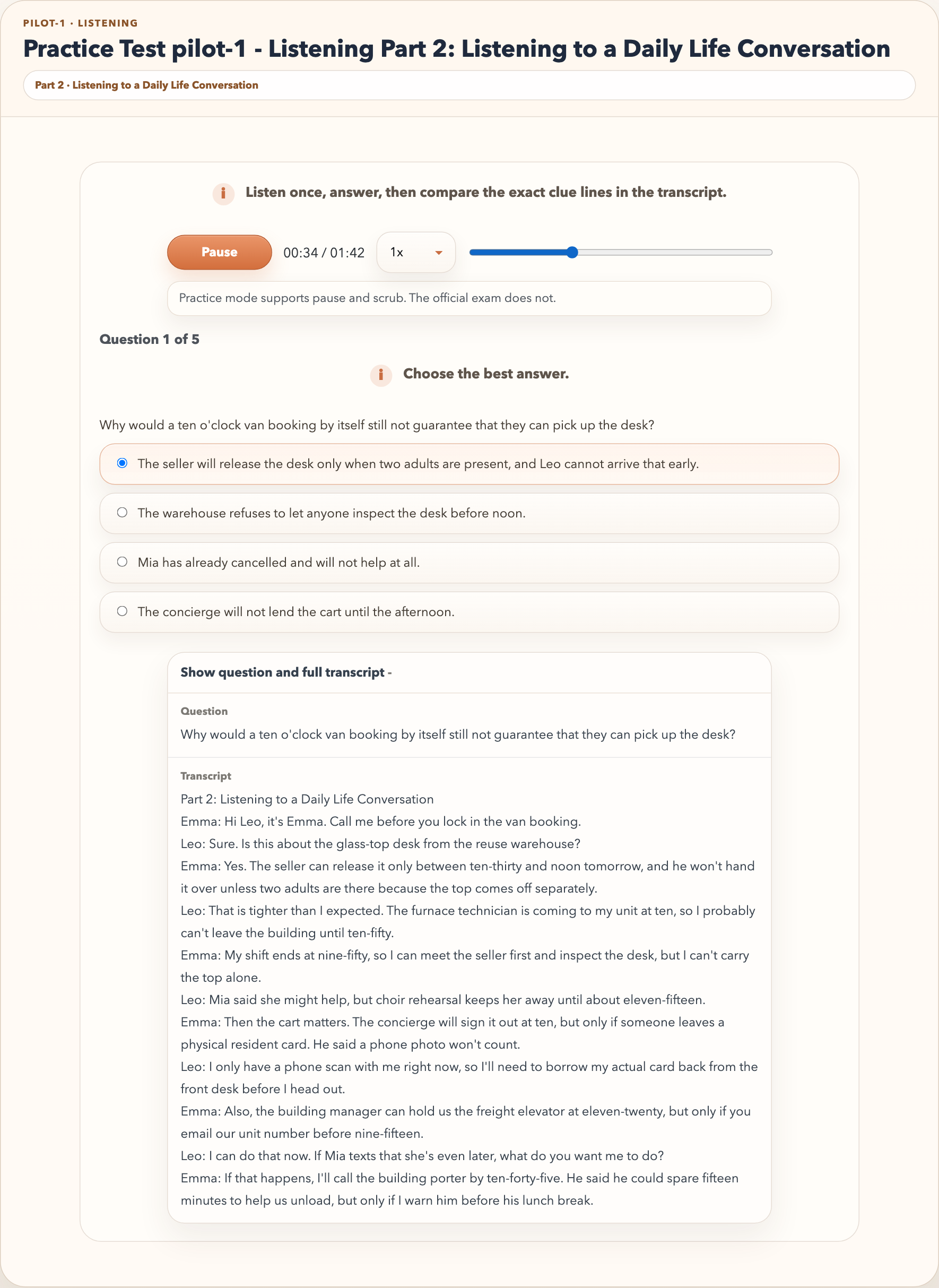 Listening practice screen with transcript review panel