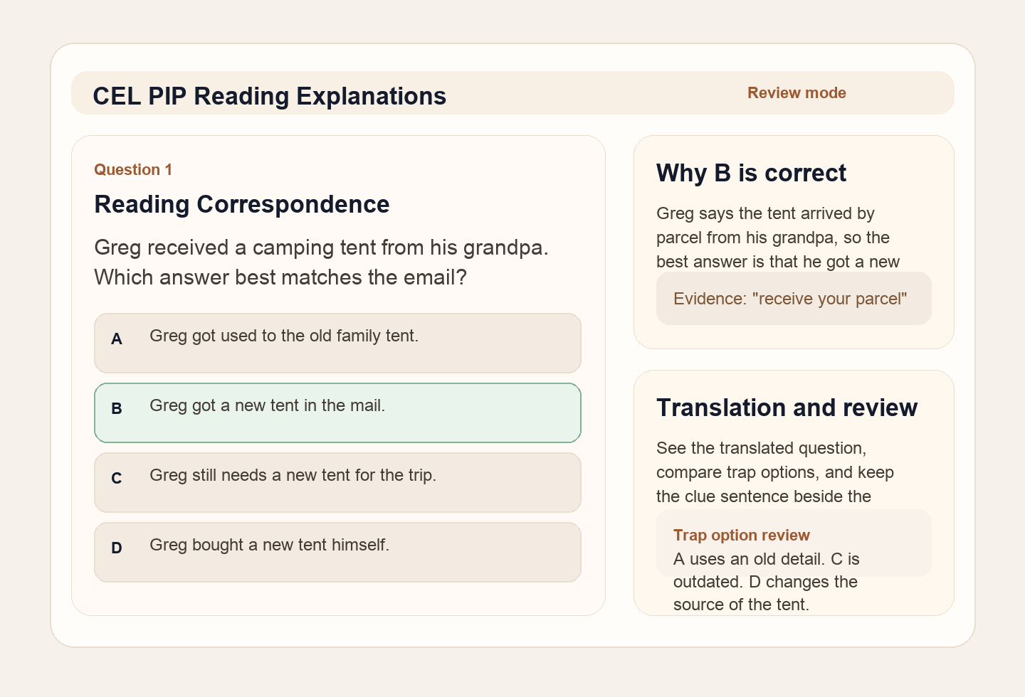 Sample reading explanation screenshot with evidence and trap option review