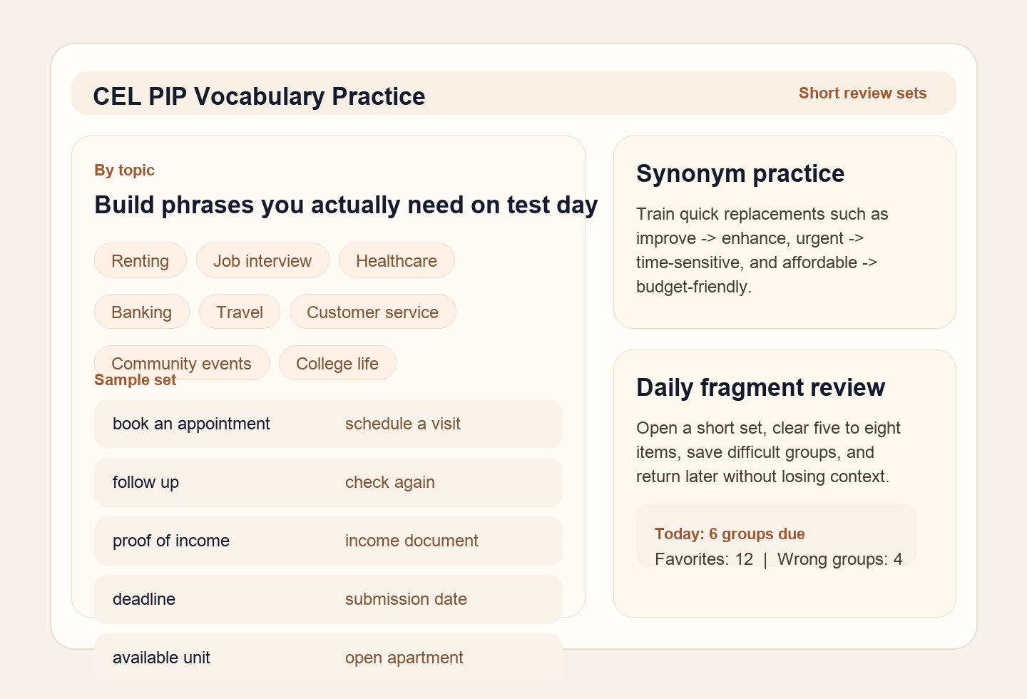 Vocabulary practice screenshot with topic groups and daily review cards